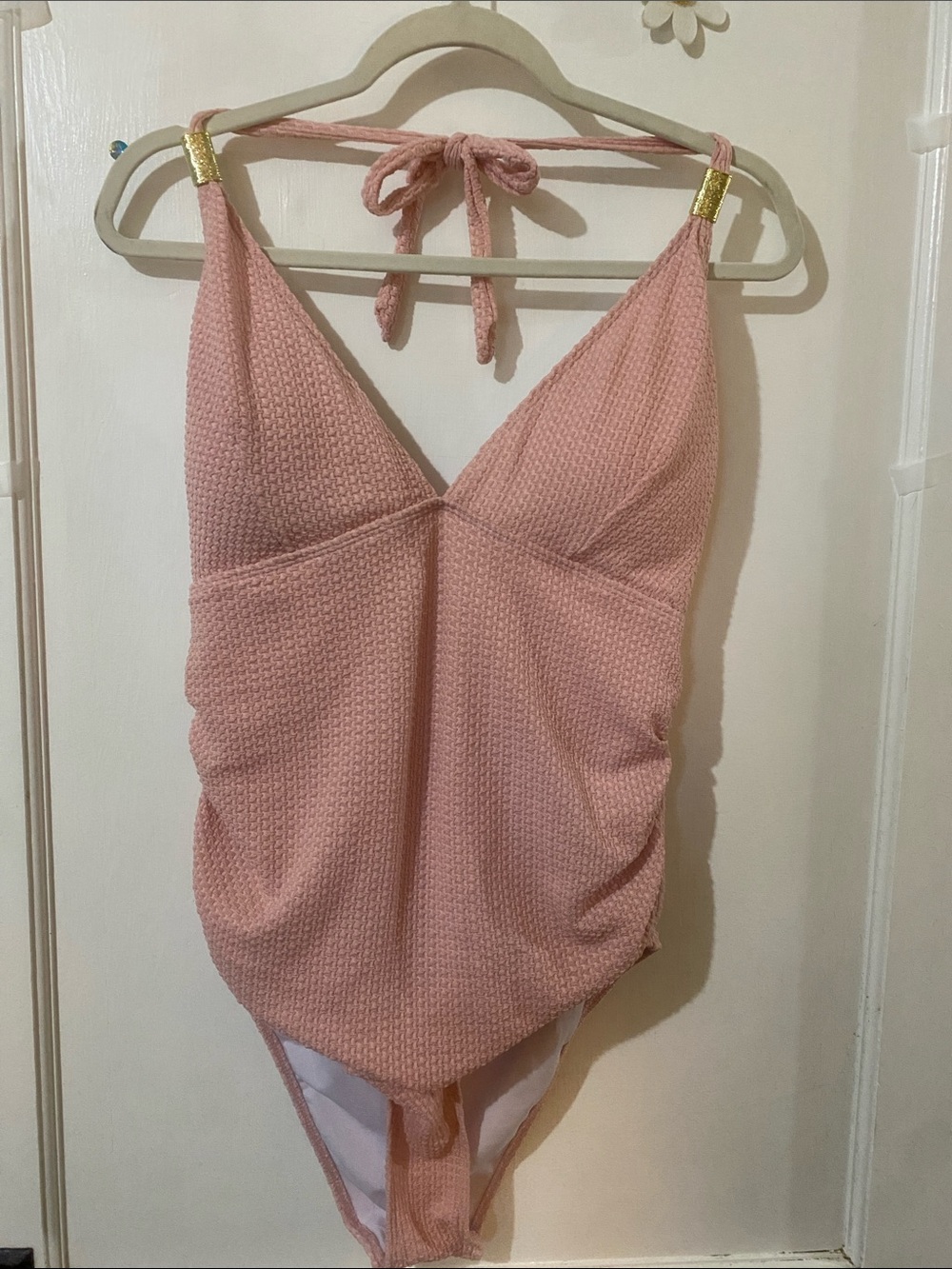 Textured Pink Bandeau One-Piece with Gold Accent